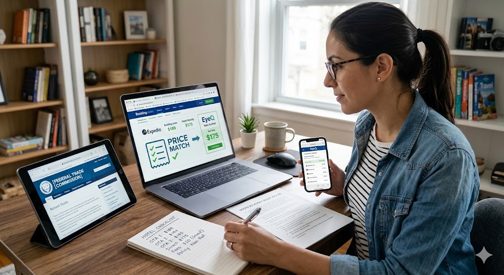 Woman at desk cross-checking hotel prices on a laptop and phone, following a verification checklist to find hidden fees
