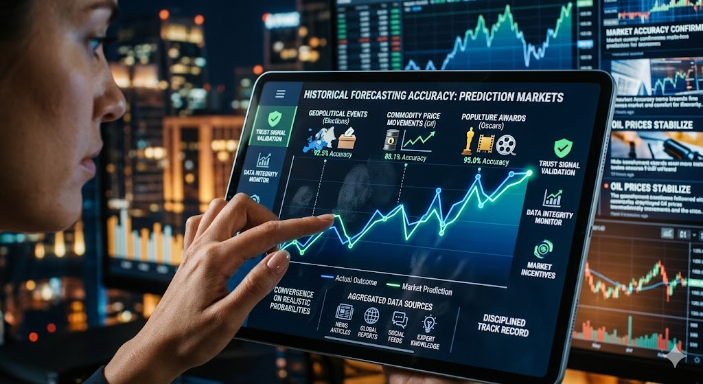A close-up of a hand interacting with a tablet displaying dynamic line graphs and data points. The screen features a main title: "HISTORICAL FORECASTING ACCURACY: PREDICTION MARKETS."