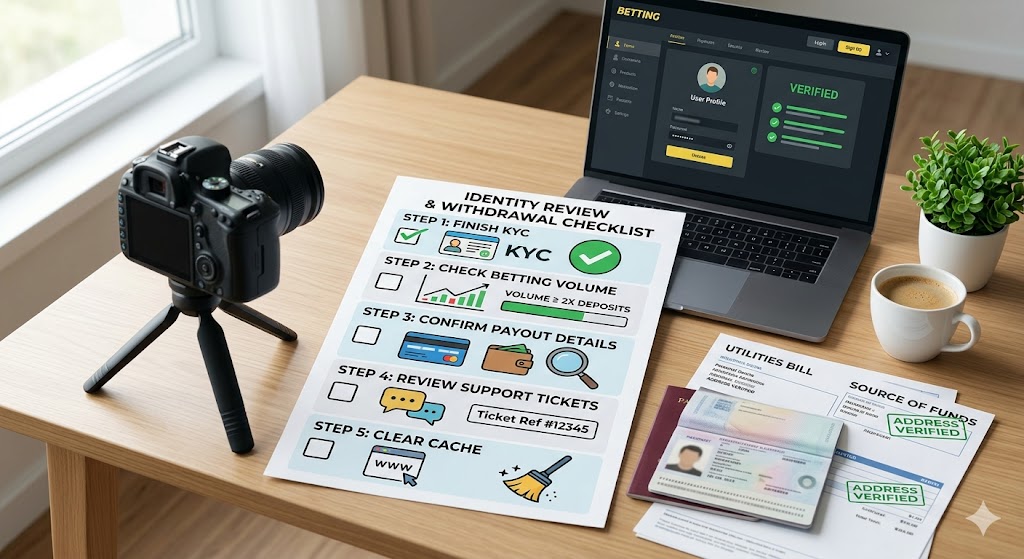 A printed identity review checklist with KYC documents and a passport sits on a desk next to a laptop displaying a verified profile