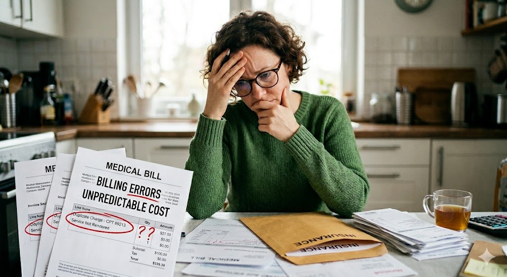 A patient looking distressed and holding an confusing, error-filled medical bill