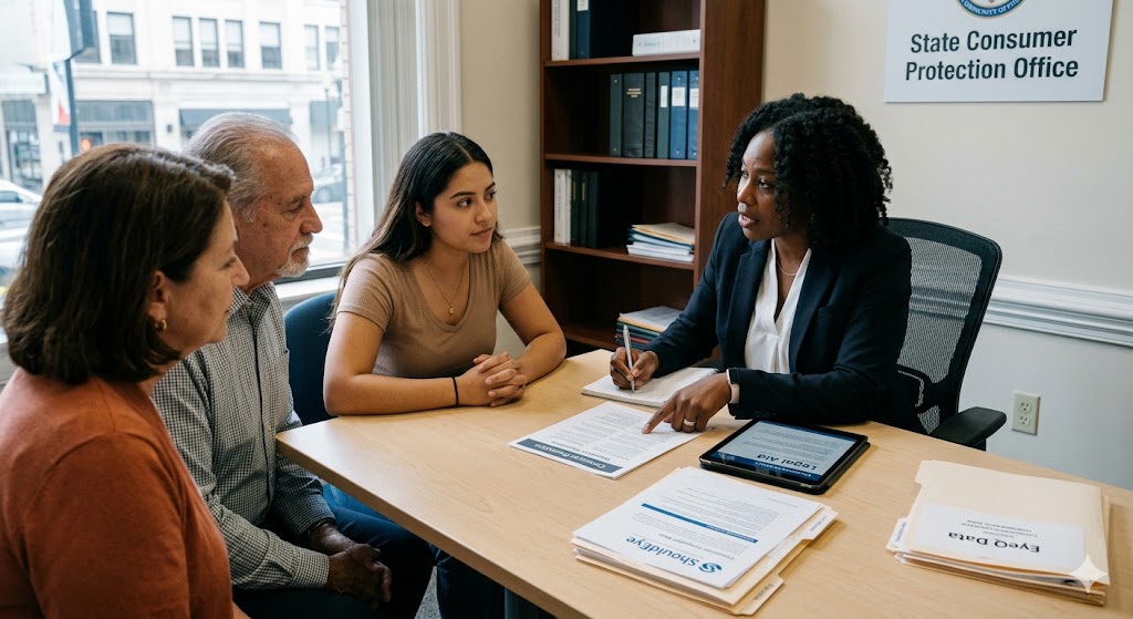A consumer rights attorney meeting with clients at a desk in a State Consumer Protection Office to discuss a legal case