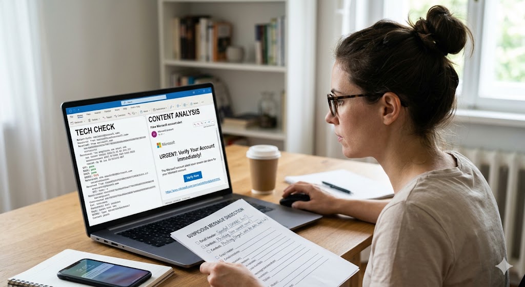 A person analyzes a suspicious email on a laptop, comparing technical headers with urgent content