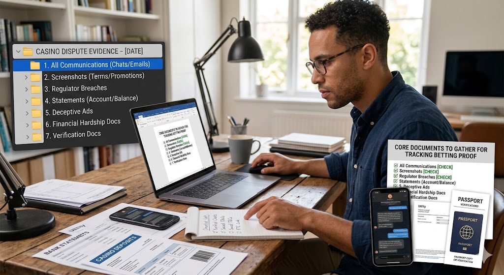 Person diligently compiling diverse evidence: chats, terms, and financial documents—into a structured file to track betting proof for a casino complaint