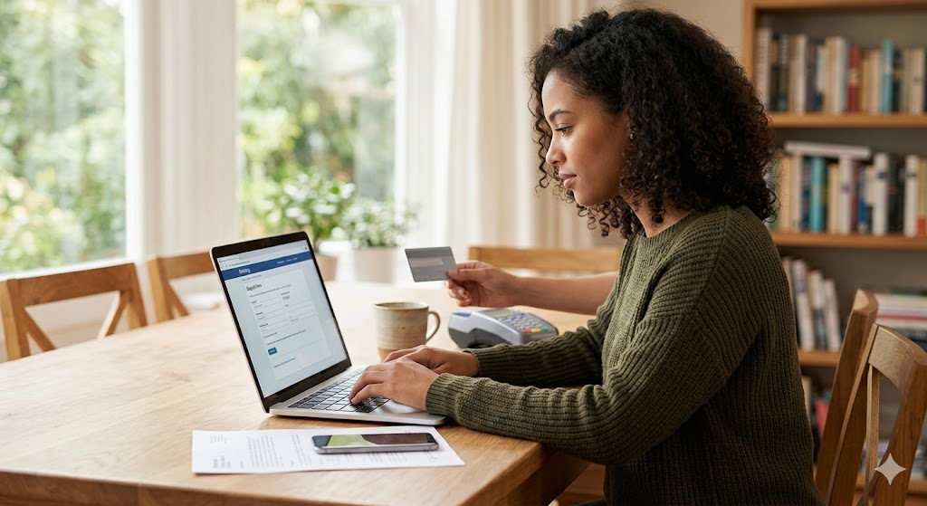A focused woman sitting at a desk, holding a credit card and using a laptop to file an online chargeback dispute