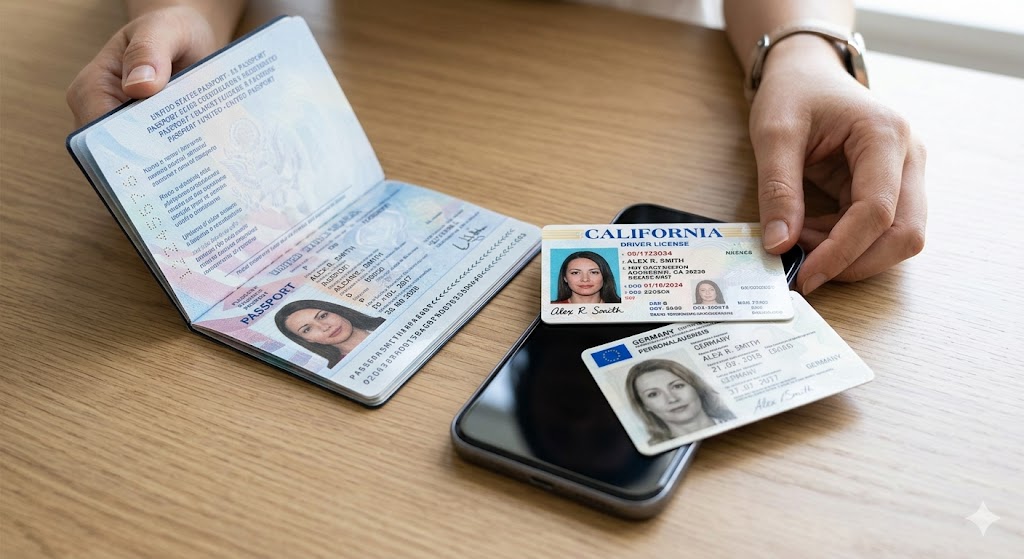 Hands displaying an open passport, a California driver's license, and a national ID card on a desk, representing documents used for digital identity verification