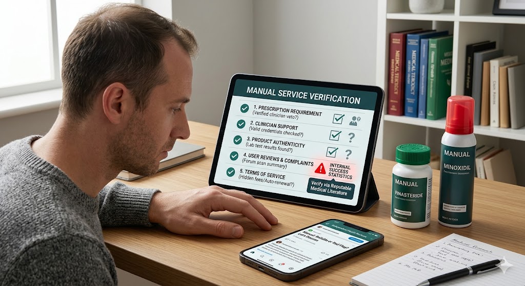 A man at a desk, researching 'Manual' hair loss treatments