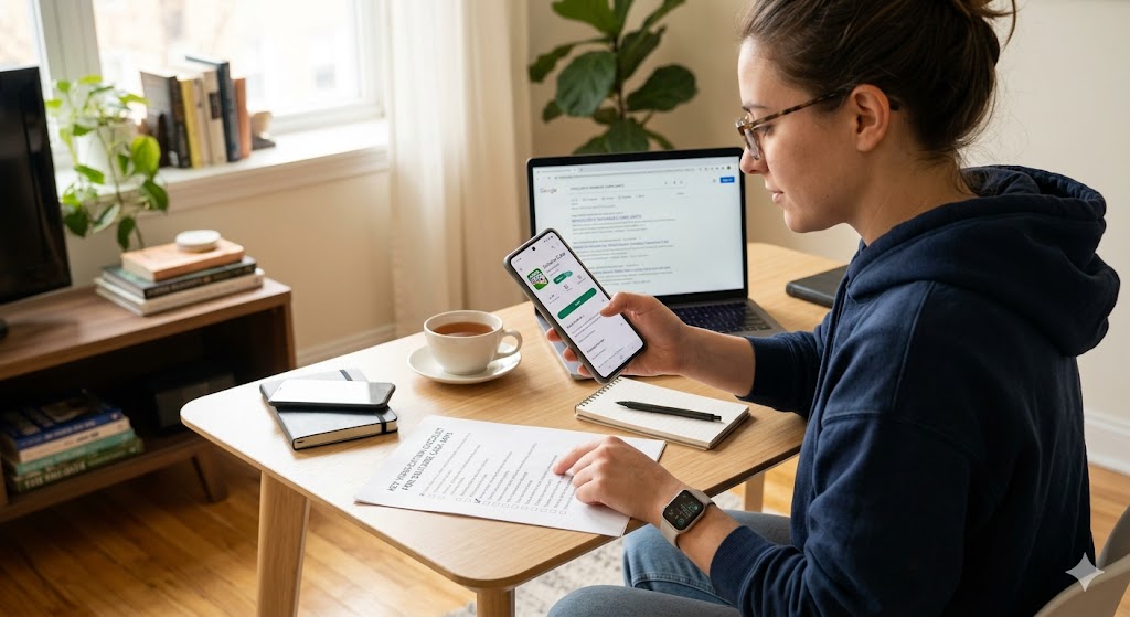 A woman meticulously compares a solitaire game app on her smartphone against a key verification checklist