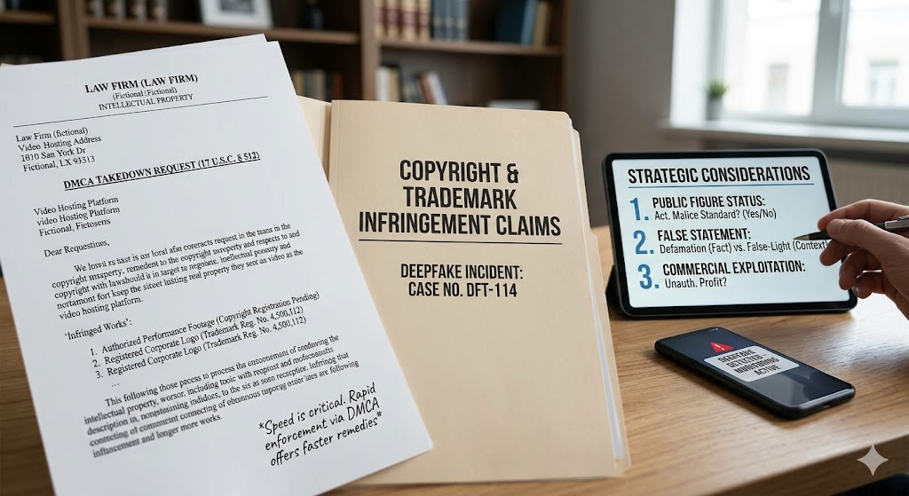 Modern office desk showing legal documents, a DMCA takedown request, and a tablet outlining strategic considerations for deepfake legal claims