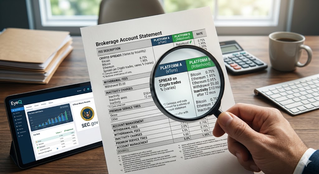 A close-up view of a hand using a magnifying glass to reveal hidden online brokerage fees on a document