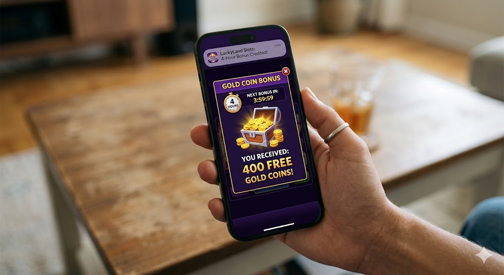 A hand holds a smartphone displaying the LuckyLand Slots app screen, confirming the receipt of 400 free Gold Coins