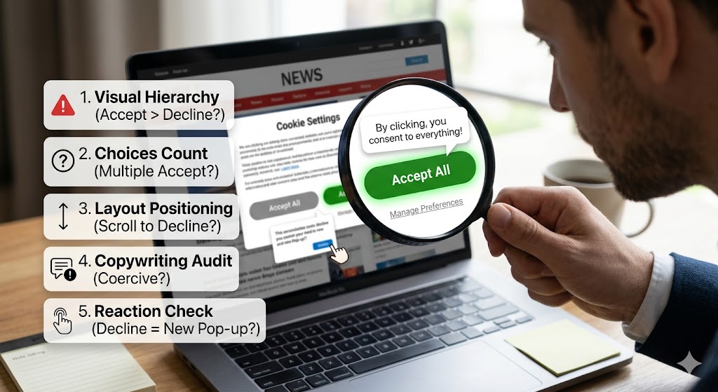 A close-up photograph capturing a user cautiously analyzing a deceptive cookie consent banner on a laptop screen