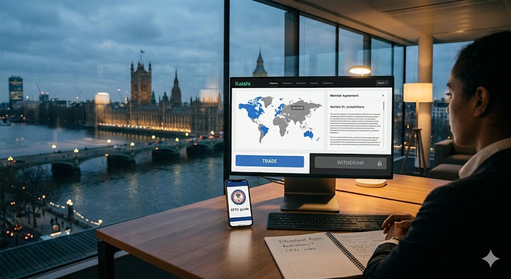 User reviews international trading restrictions on a computer monitor in a London office