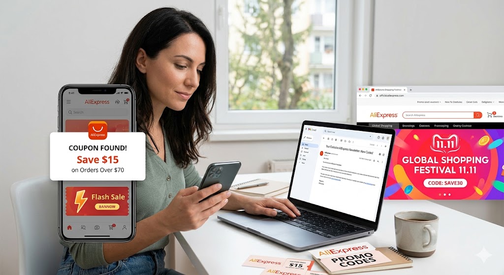 A woman at a desk with an open laptop, checking an email with "New Codes" in the subject, while an AliExpress app pop-up for a coupon is visible on her smartphone screen