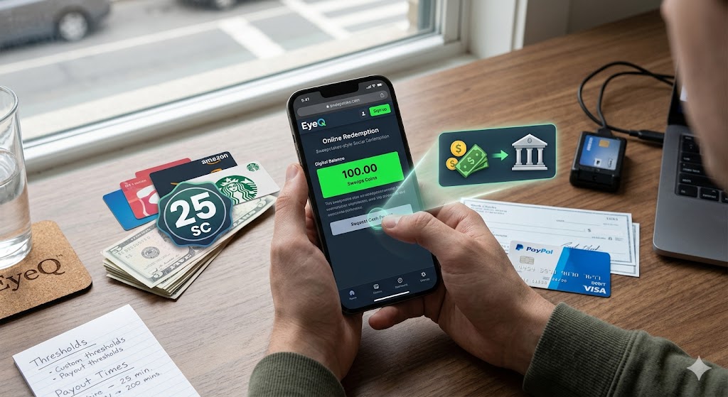 A close-up photograph of a smartphone screen displaying a secure online payout interface, where a user is confirming a balance transfer from digital 'Sweeps Coins' to cash and gift cards on a wooden desk