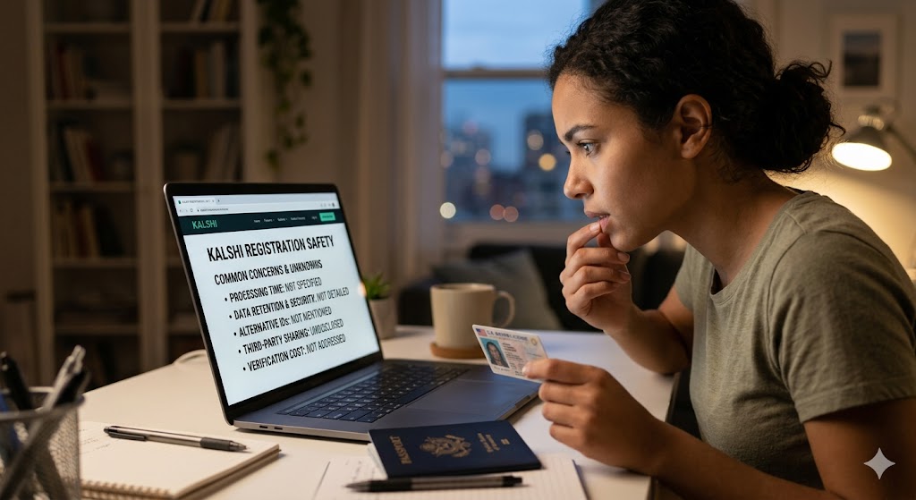 A close-up photograph of a woman thoughtfully holding her driver's license while reviewing the "Kalshi Registration Safety" page on her laptop