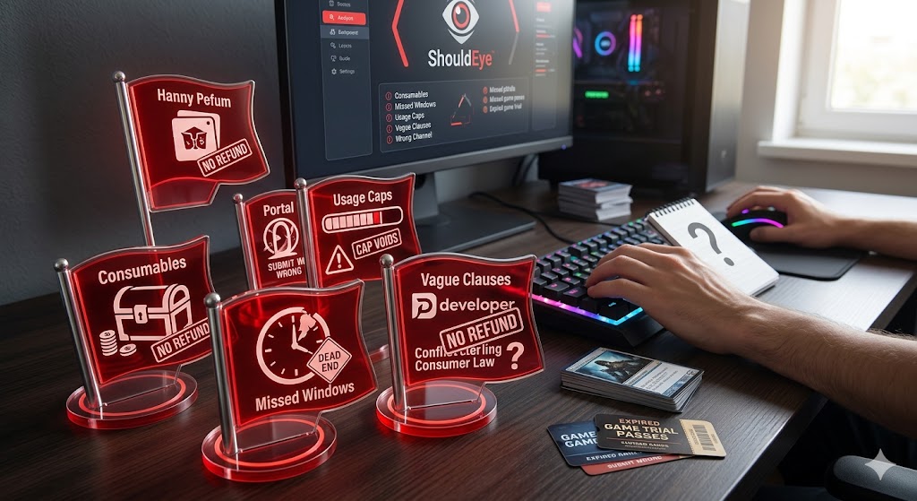 A close-up photograph of a dark wooden desk with five custom-designed, glowing red acrylic tokens arranged in a semi-circle, each representing a distinct pitfall