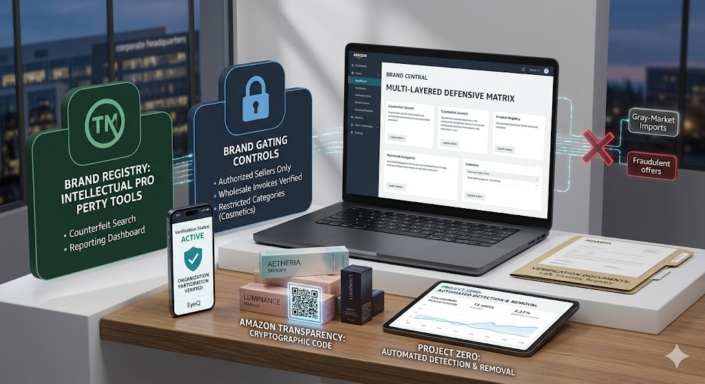 A detailed graphic illustration showcasing Amazon's multi-layered defensive matrix for brand protection