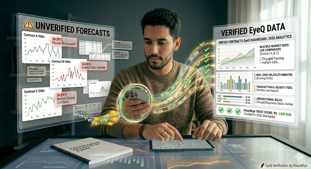 A man analyzing a financial screen comparing volatile "Unverified Forecasts" on the left with a secure, unified "Verified EyeQ Data" dashboard on the right that tracks transaction fees, market odds, and 2026 jurisdictional rules
