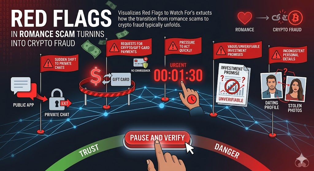 An infographic mapping the warning signs of how romance scams transition into crypto fraud