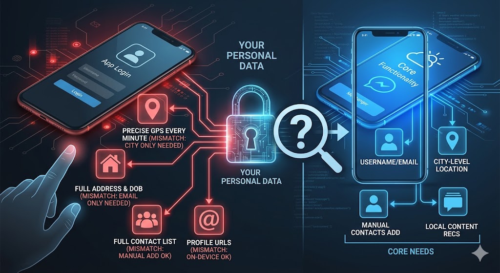 A smartphone screen showing a 'Login' prompt where a user must navigate multiple invasive 'Mismatch' permission requests