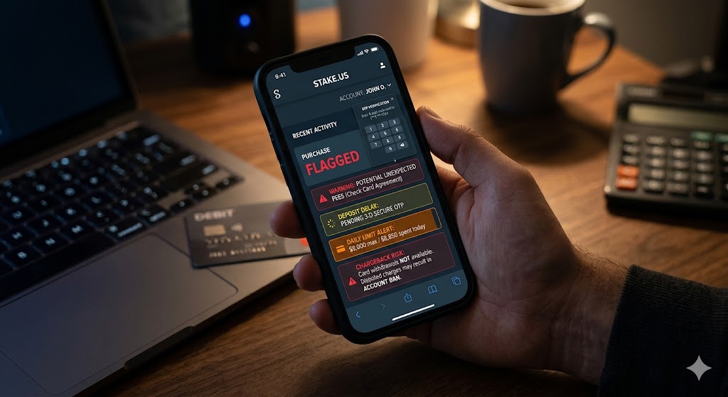 A close-up of a hand holding a smartphone showing the Stake.us app interface with several red and yellow financial warning alerts displayed