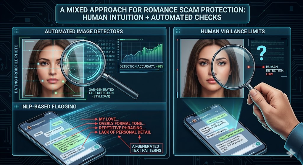 A multi-panel interface illustrating digital tools for identifying romance scams
