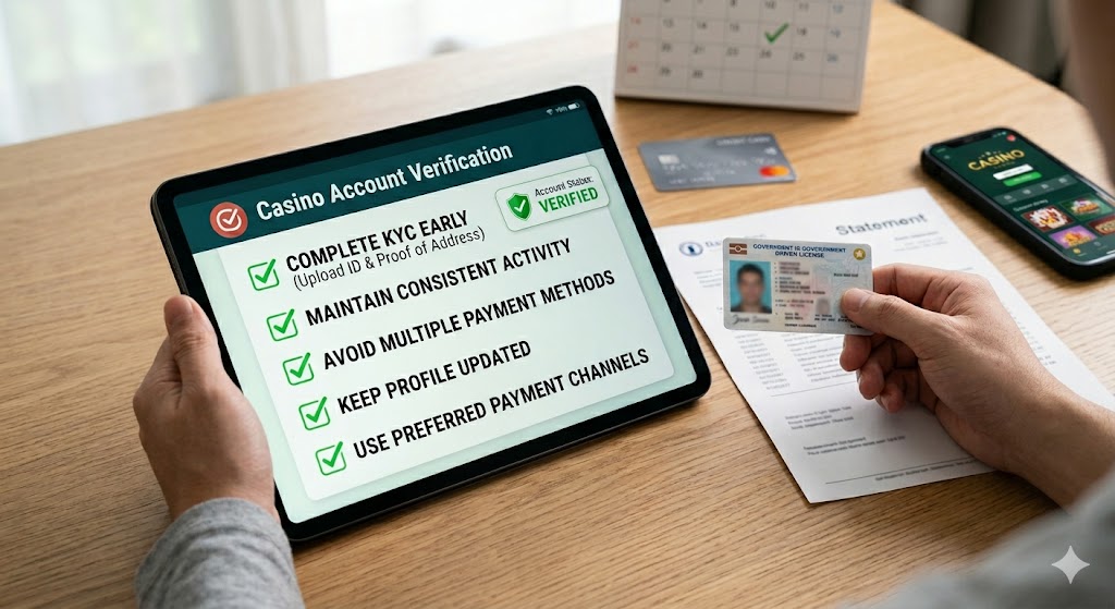A close-up of a hand holding an ID card next to a tablet, displaying an account verification checklist for an online casino