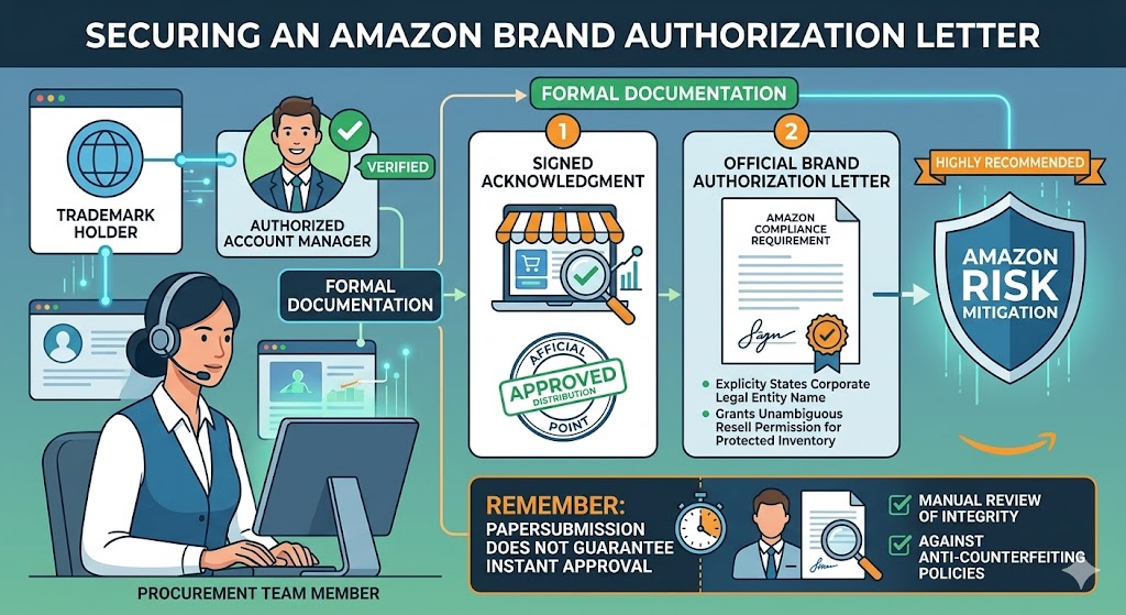 An educational infographic detailing a two-step process to secure an Amazon brand authorization letter