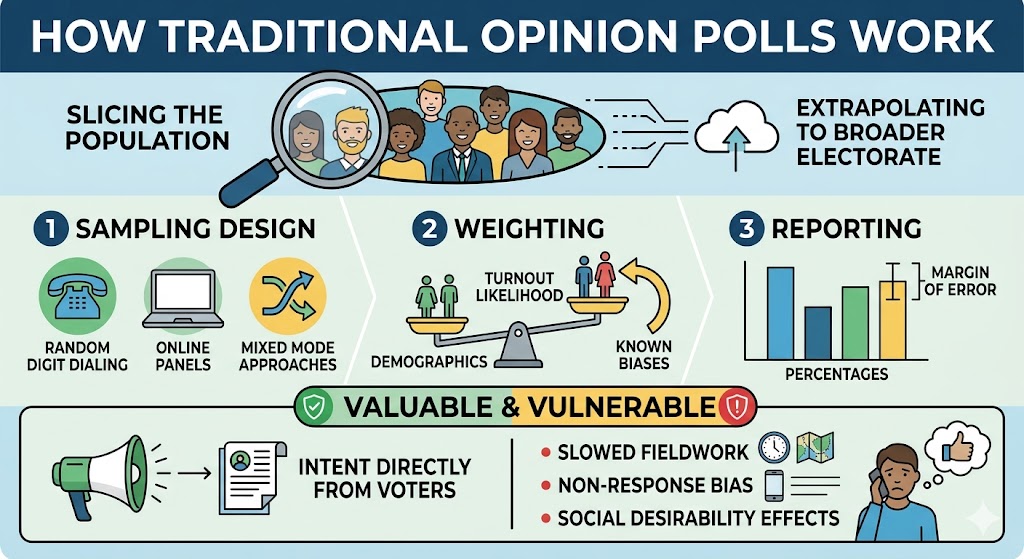An educational infographic titled "HOW TRADITIONAL OPINION POLLS WORK" outlining the methodology of public polling