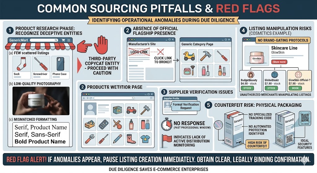 A detailed infographic visualizing various common sourcing pitfalls and red flags for e-commerce, such as low-quality listings, absent official brands, and counterfeit risks