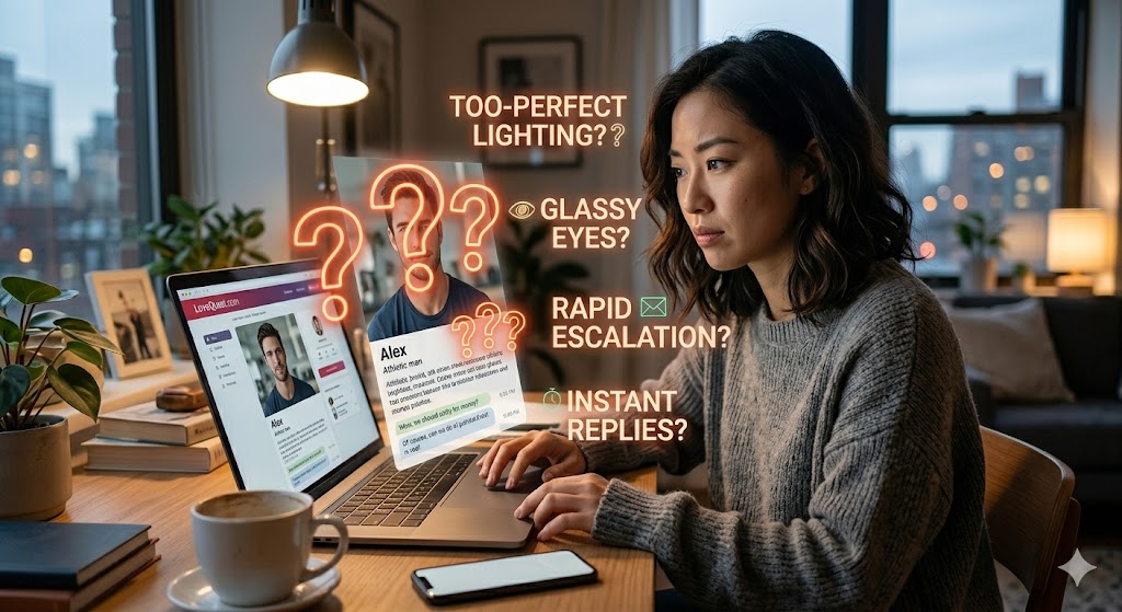 A woman looking skeptically at her laptop screen while browsing an online dating website, surrounded by glowing, holographic question marks floating over a user profile