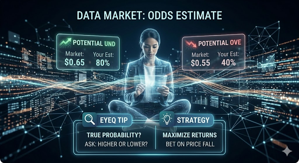 A conceptual photo of a woman interacting with a glowing digital tablet amid abstract data streams, surrounded by floating holographic interfaces that display prediction market odds and trading strategies