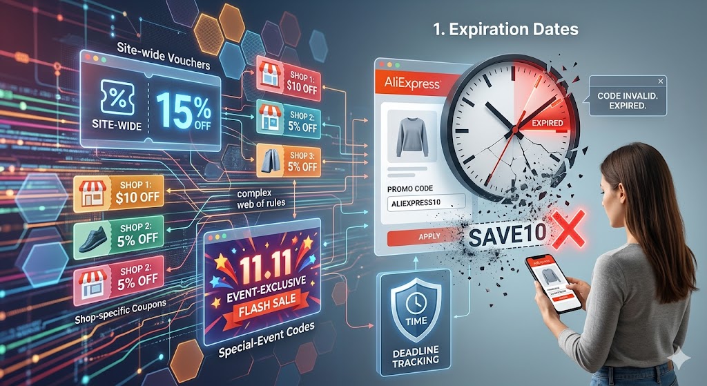 A conceptual infographic illustrates various AliExpress discount types connected by a complex rules network to a shopper whose invalid promo code attempt is being blocked by a crumbling clock showing it has expired.