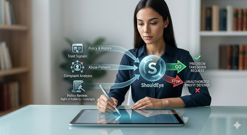 A woman uses a digital stylus on a tablet interface where data streams for trust signals, complaint analysis, and policy reviews feed