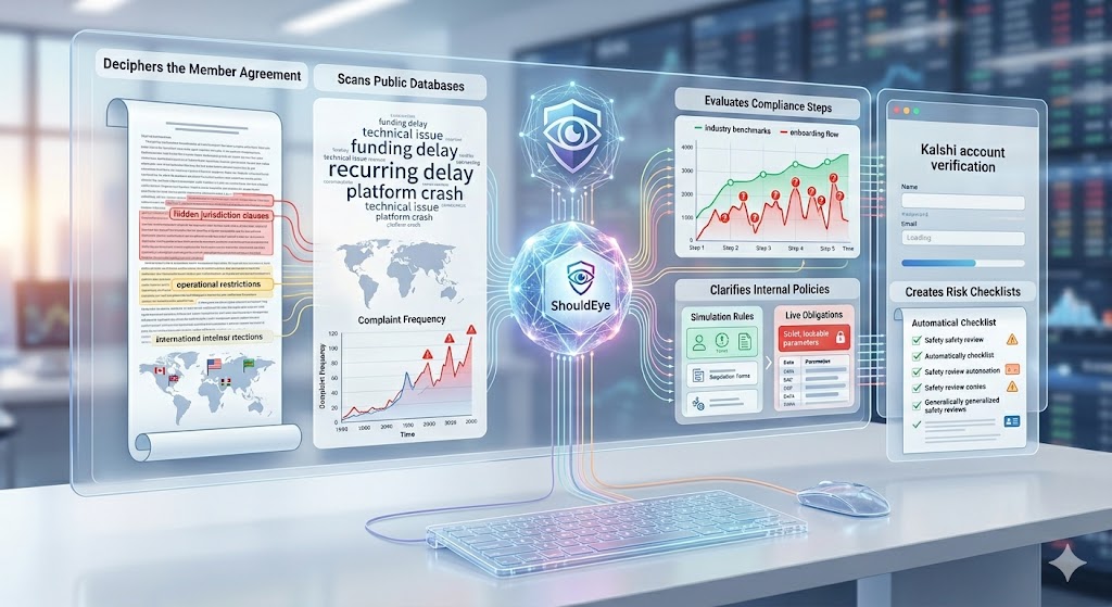 A detailed infographic on a futuristic desk display showcasing an automated trading platform analysis tool with modules for legal review, public complaints, compliance, policies, and risk assessment.