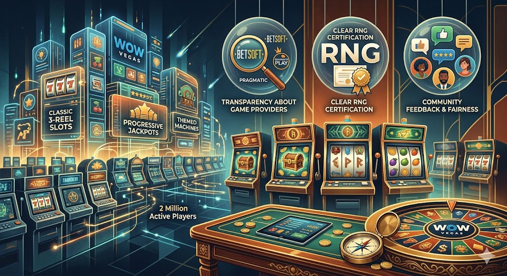 An infographic illustration showcasing a vast digital casino landscape labeled "WOW Vegas" with over 1,500 slot titles