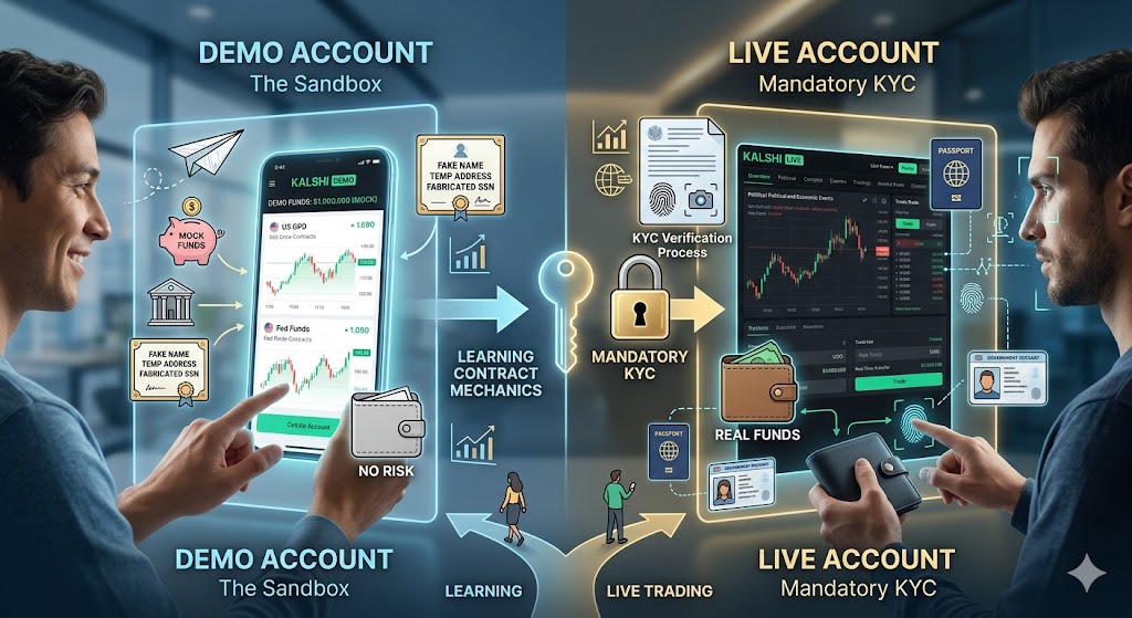 A conceptual infographic illustrates the two account options: a demo account with mock funds and data for risk-free learning, and a live account with real funds requiring mandatory identity verification