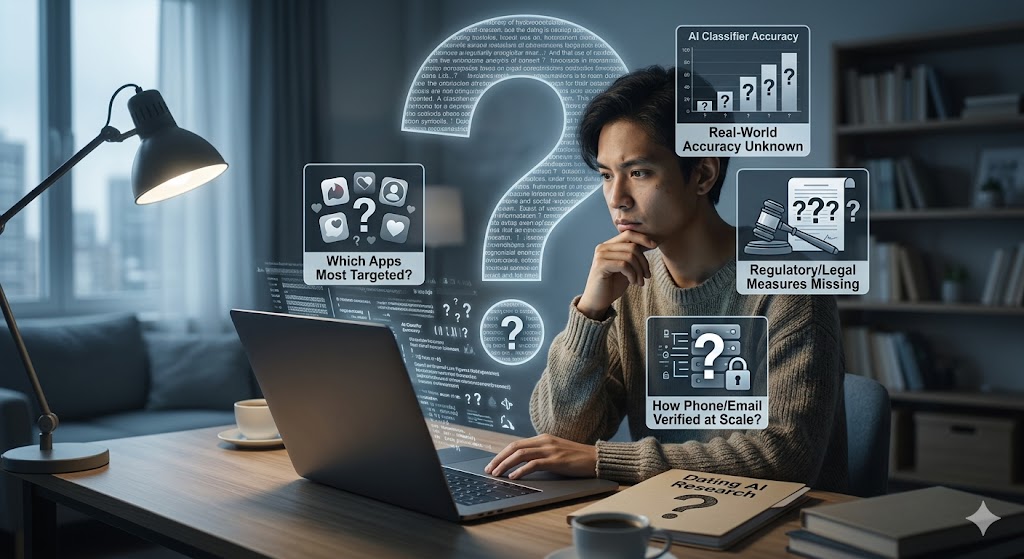 A pensive man sitting at a desk with a laptop, looking at floating digital interfaces containing question marks that outline the unknown factors of AI romance scams