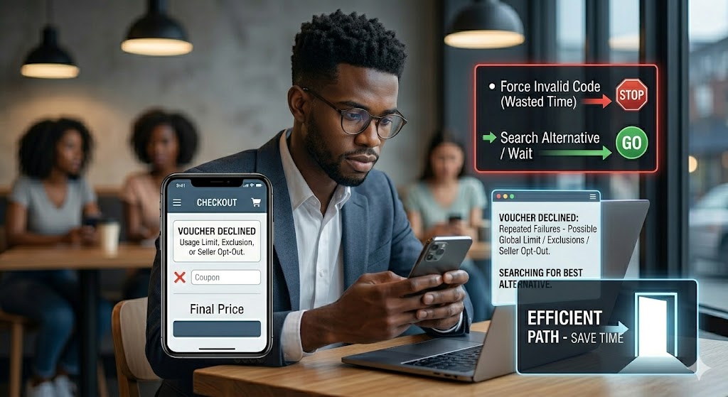 A man looks at his smartphone screen displaying a declined voucher notification, weighing options to either waste time on the invalid code or follow an efficient path to alternative savings.
