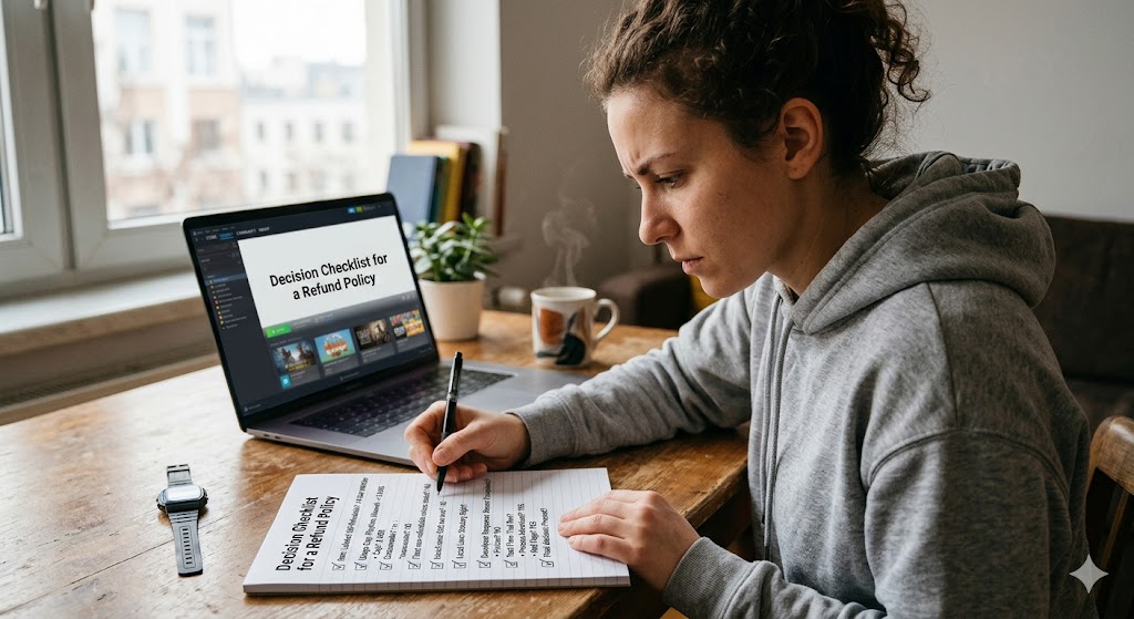 A focused woman sitting at a wooden desk with a laptop, intensely filling out a physical 'Decision Checklist for a Refund Policy' form