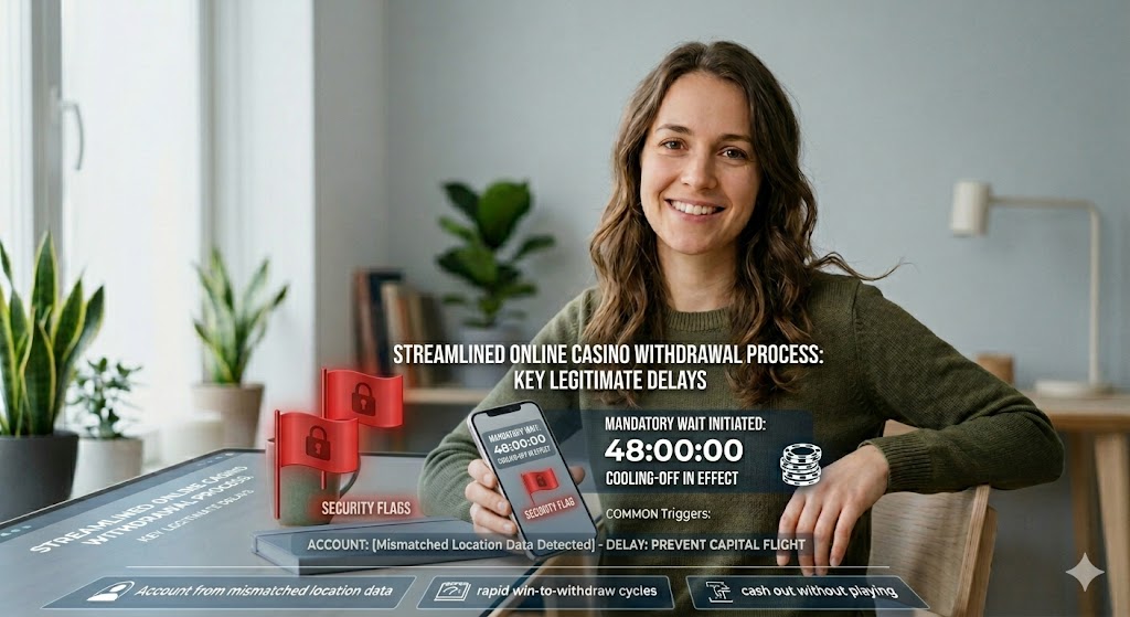 A woman smiling while holding a smartphone that displays a security notification, with a digital graphic overlay illustrating online casino withdrawal delays and compliance flags