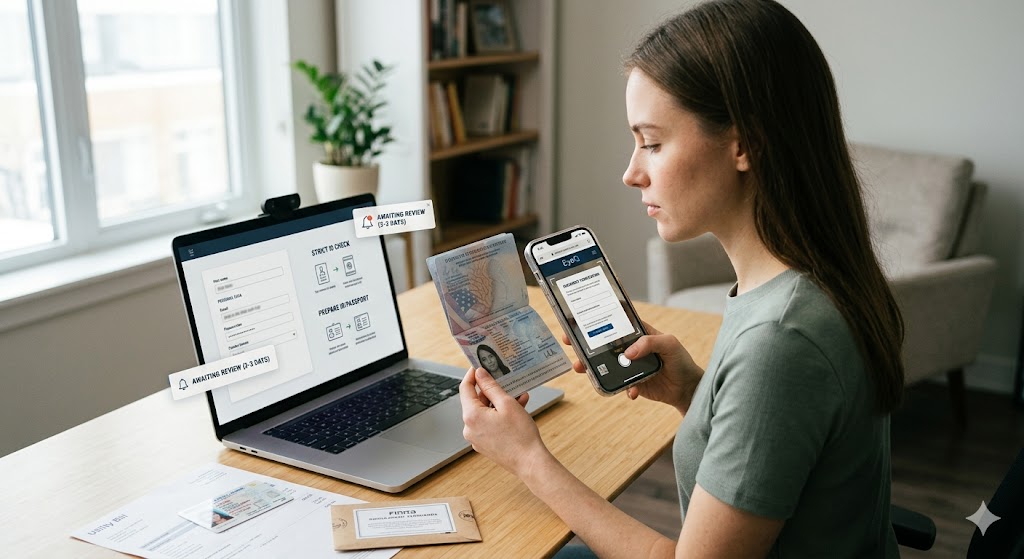 A photograph of a woman with long hair sitting at a table with a passport in one hand, scanning it with a smartphone in the other, to complete an online verification form.