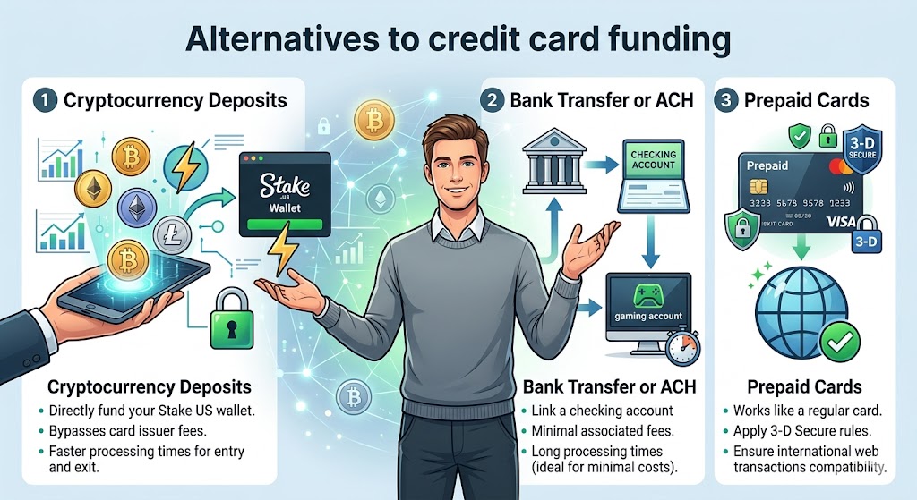 An infographic illustrating 'Alternatives to credit card funding' for Stake.us