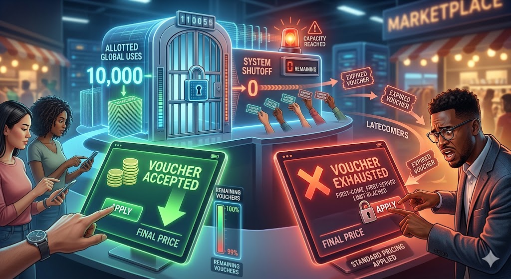 A conceptual illustration shows successful online shoppers with 'VOUCHER ACCEPTED' and discounted prices, while a latecomer sees 'VOUCHER EXHAUSTED' as a central system blocks access after 10,000 uses.