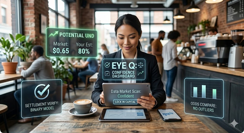 A woman sitting at a rustic cafe table holding a tablet, with clean, simple holographic screens floating around her displaying binary options risk management data and an EyeQ confidence dashboard.