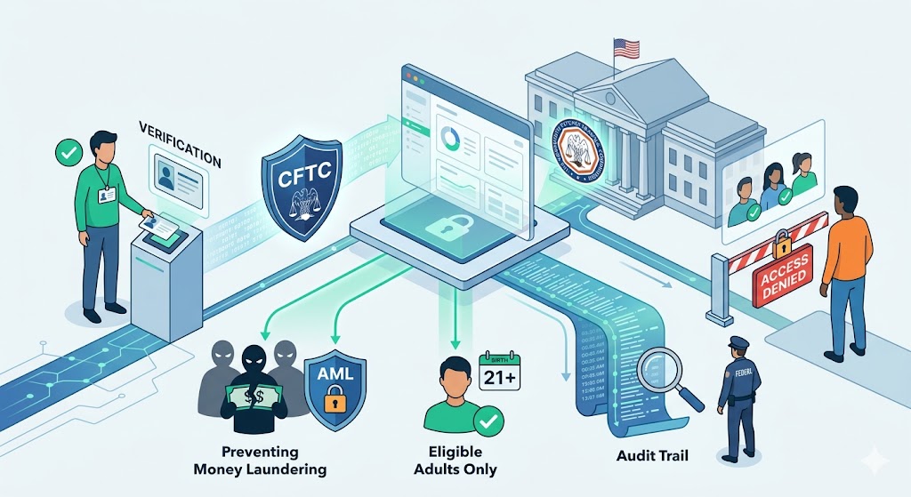 infographic illustrating a CFTC-regulated trading platform with secure user verification processes