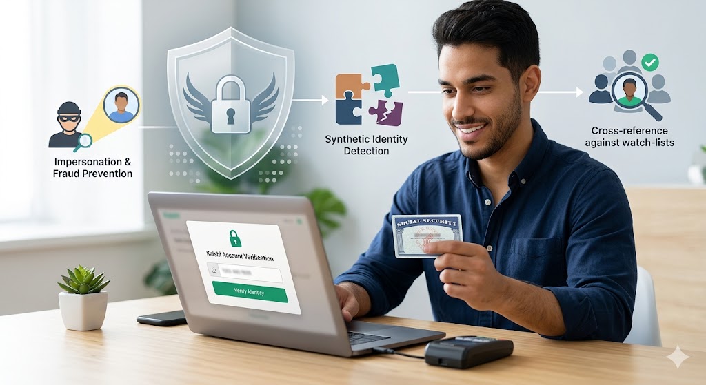 A man verifies his identity with a Social Security card on a secure "Kalshi Account Verification" portal