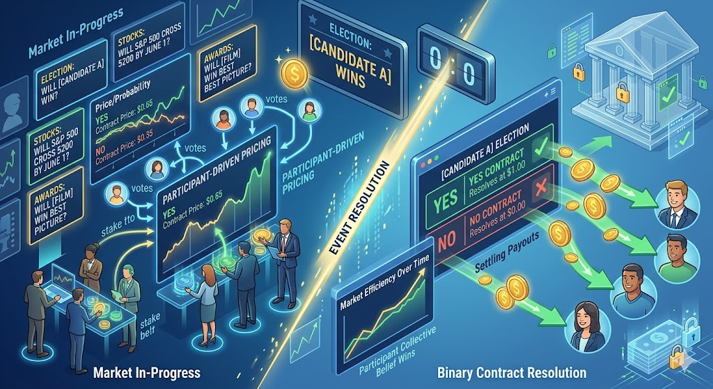 infographic illustrates a prediction market's workflow, showing users participating in active betting (Market In-Progress) and the transparent settlement process after an event (Binary Contract Resolution), resulting in final payouts based on participant-driven pricing