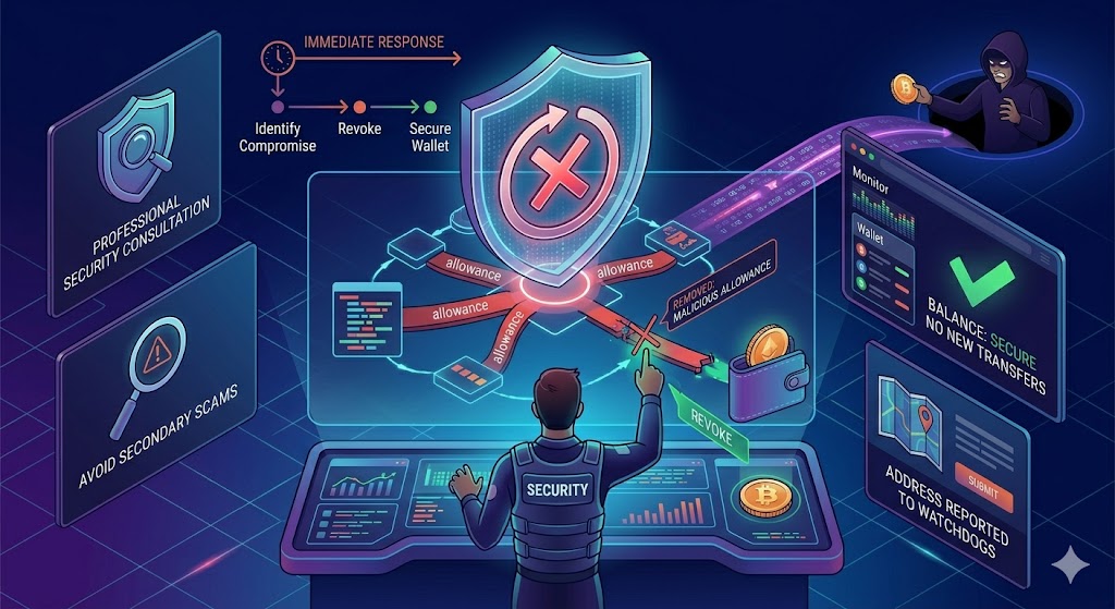 An infographic dashboard outlining steps to mitigate a wallet scam, showcasing token allowance revocation, balance monitoring, reporting malicious addresses, and consulting professional security resources.
