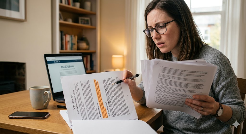A focused woman wearing glasses reviews a dense terms of service contract at a desk with a laptop, looking concerned about the highlighted fine print.